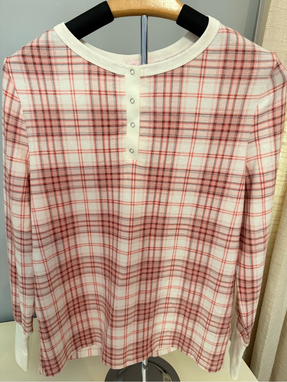 Women’s Pink Lily Long-Sleeve Red Plaid Henley Shirt - Classic Casual